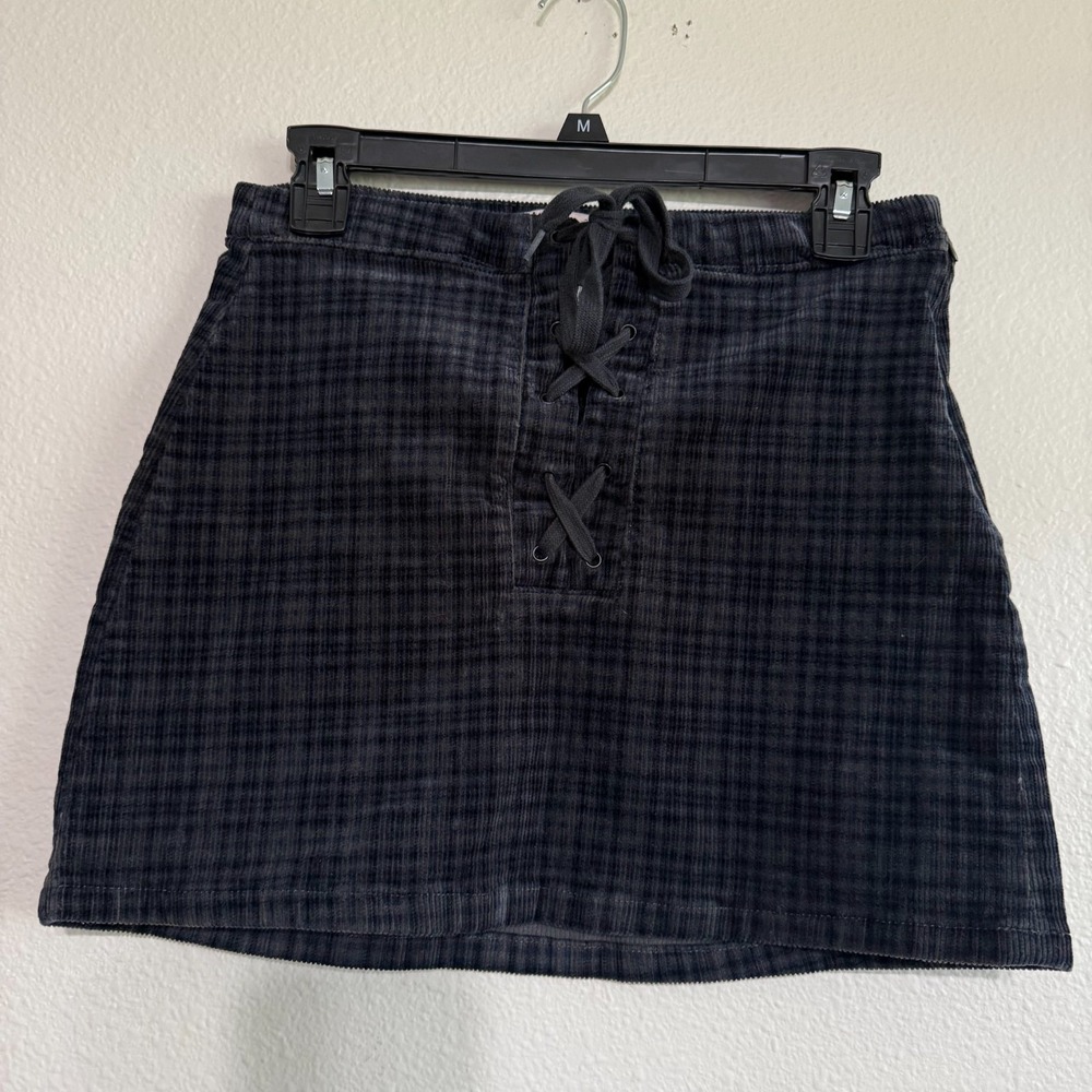 SO Corduroy A-Line Mini‎ Skirt Women's 3 Blue Plaid Lace-Up Detail Stretch Retro